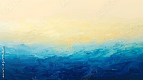 This abstract painting captures the serene beauty of oceanic waves meeting a bright golden sky, using dynamic brushstrokes and vibrant colors to evoke tranquility and depth.