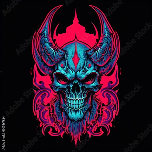 A vibrant, stylized skull design with horns and intricate patterns, featuring neon colors.