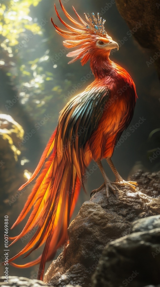 A vibrant mythical bird stands on rocky terrain with majestic glowing feathers, exuding elegance and mystique. The sunlight enhances its ethereal beauty. A vibrant mythical bird stands on rocky terrain with majestic glowing feathers, exuding elegance and mystique. The sunlight enhances its ethereal beauty.