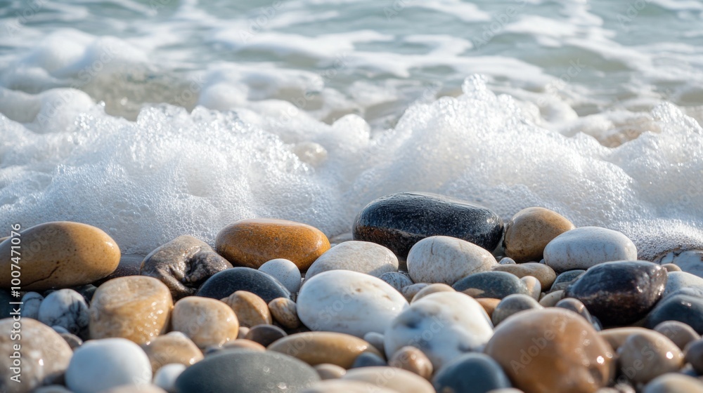 Close-up of smooth, colorful pebbles on a beach with white foamy wave breaking in the background. Close-up of smooth, colorful pebbles on a beach with white foamy wave breaking in the background.