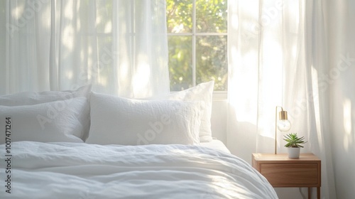 A serene white bedroom is bathed in natural light, showcasing a comfortable bed with plush pillows and a wooden nightstand with a modern lamp and small plant.