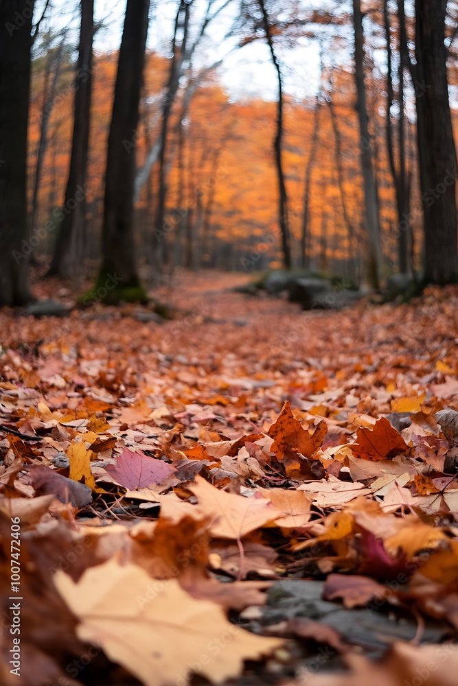 Fallen Autumn Leaves on Path through Forest with Blurred Background Fallen Autumn Leaves on Path through Forest with Blurred Background