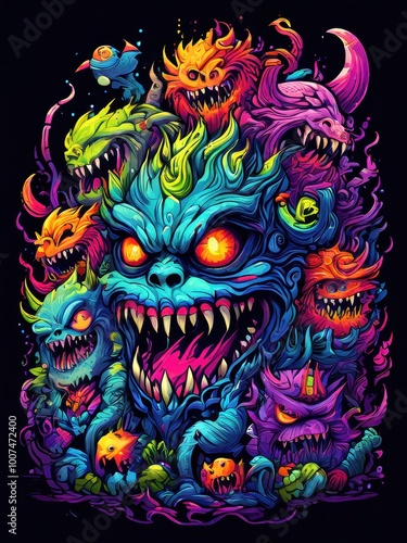 A vibrant, surreal illustration featuring colorful monsters with exaggerated features and expressions.