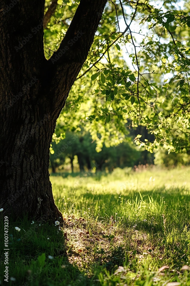 Sunlight through the trees in a lush green meadow with a dappled light effect. Sunlight through the trees in a lush green meadow with a dappled light effect.