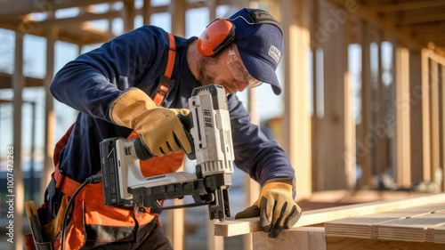 A man is using a nail gun to nail a piece of wood. He is wearing a blue shirt and orange overalls
