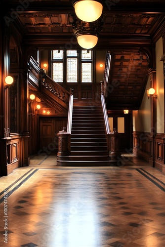 Grand staircase in historic building with ornate details and wooden floor