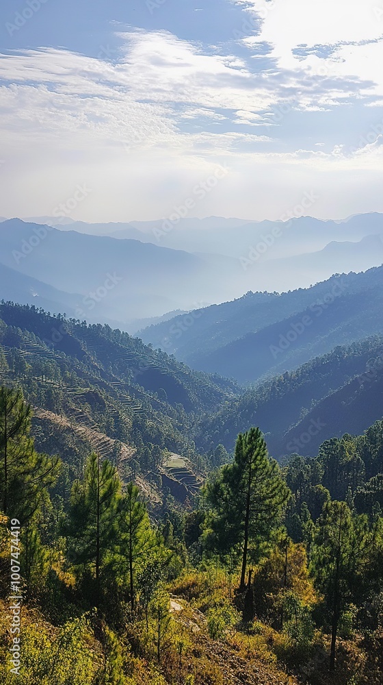 Naklejka premium Amazing landscape of a vast mountain area with breathtaking views of towering peaks, rolling hills, and serene natural beauty. Perfect for nature photography, outdoor adventure concepts, 