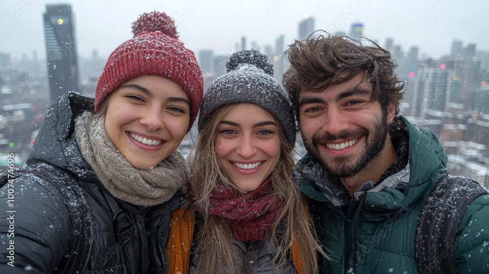 Three friends smiling together in a snowy cityscape, capturing a joyful moment. Three friends smiling together in a snowy cityscape, capturing a joyful moment.