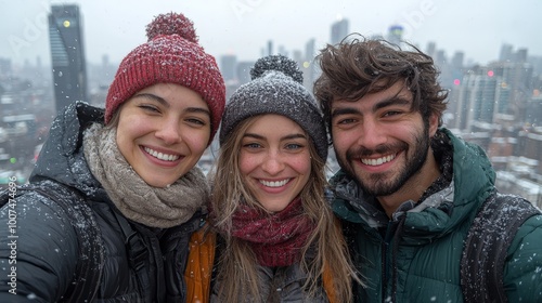 Three friends smiling together in a snowy cityscape, capturing a joyful moment.