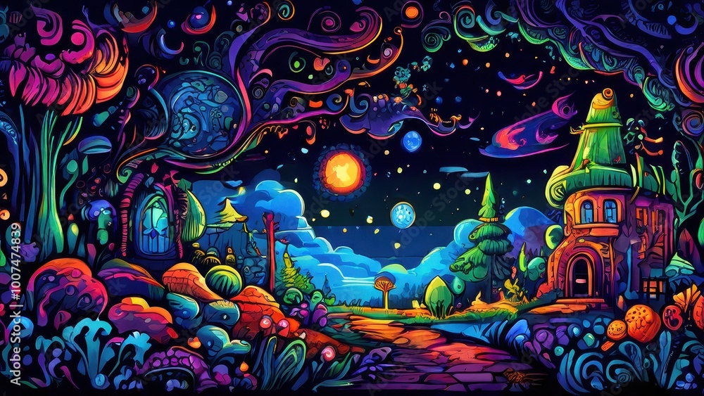 A vibrant, surreal landscape featuring a whimsical house under a starry sky. A vibrant, surreal landscape featuring a whimsical house under a starry sky.