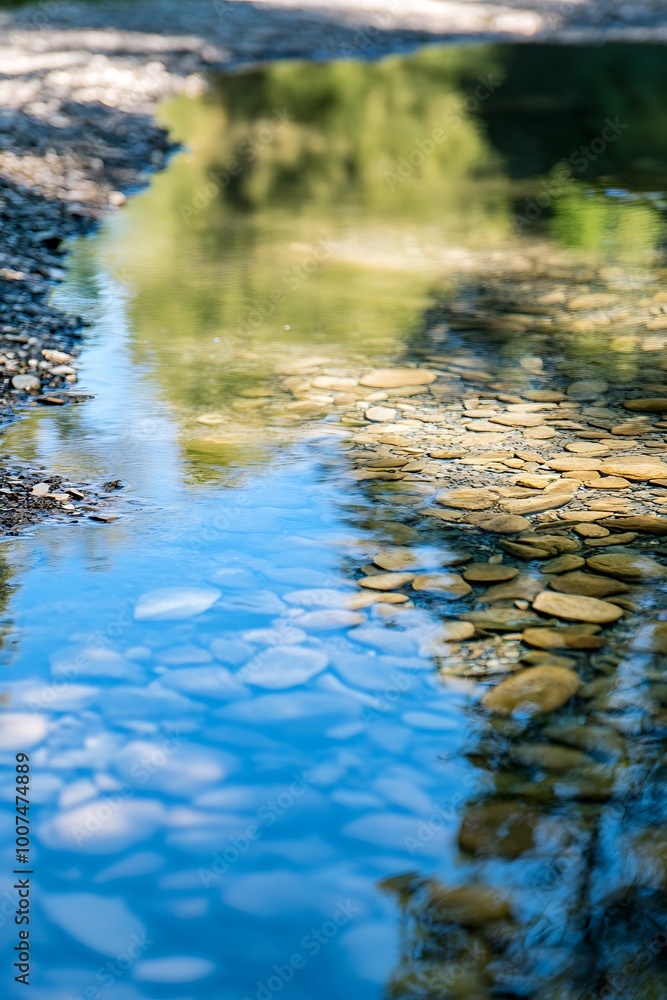 Obraz premium Closeup of a small creek bed with blue water reflecting the sky