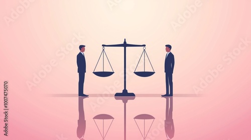 Two businessmen facing each other with a scale between them representing balance and equality photo