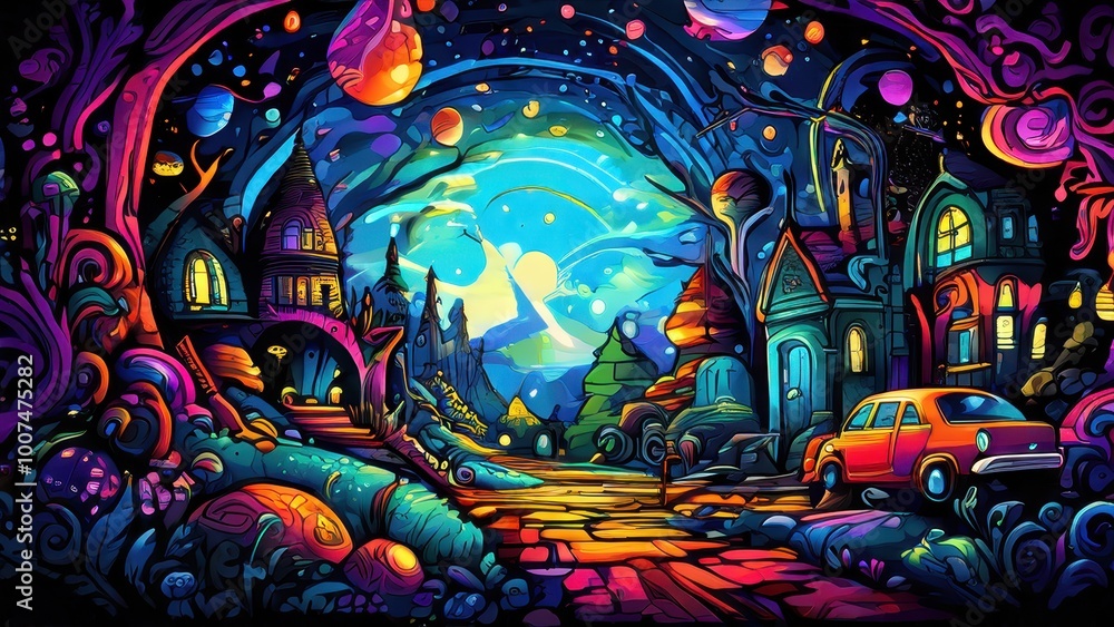 A vibrant, surreal landscape with colorful trees, whimsical houses, and a glowing sky. A vibrant, surreal landscape with colorful trees, whimsical houses, and a glowing sky.
