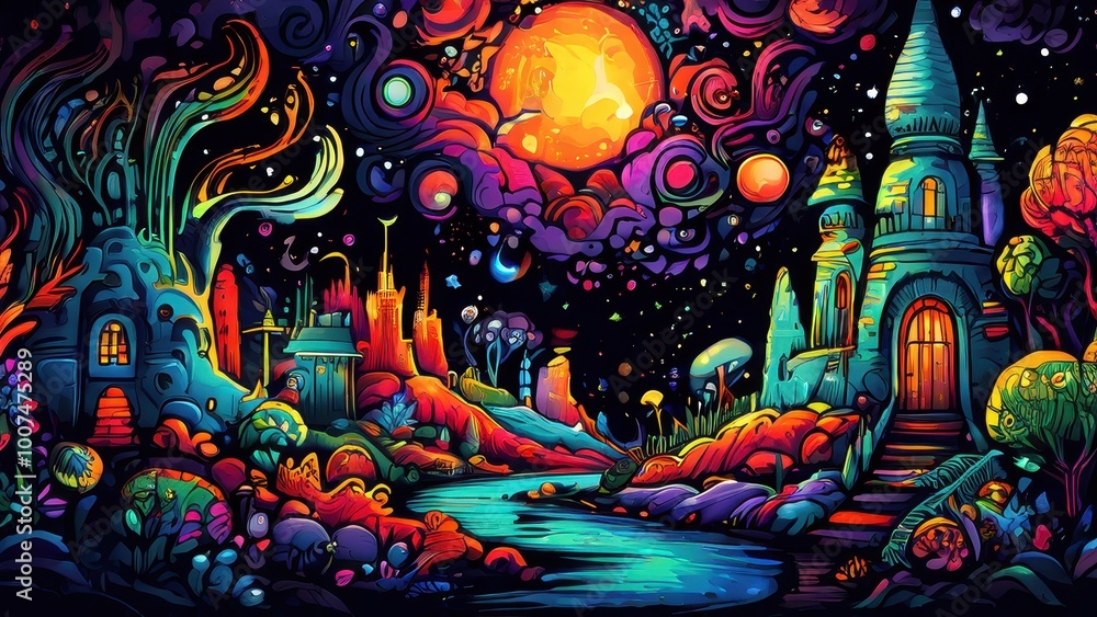 A vibrant, surreal landscape featuring colorful trees, a river, and a whimsical castle under a cosmic sky. A vibrant, surreal landscape featuring colorful trees, a river, and a whimsical castle under a cosmic sky.