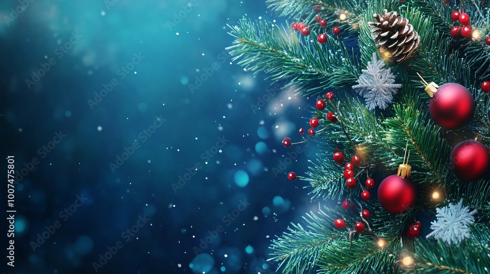 Fototapeta premium Christmas Tree Branch with Ornaments and Lights Against a Blue Background