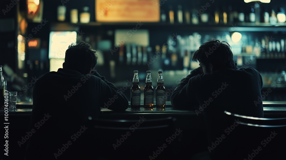 Two friends seated at a dimly lit bar, sharing a quiet moment while enjoying drinks late at night Two friends seated at a dimly lit bar, sharing a quiet moment while enjoying drinks late at night