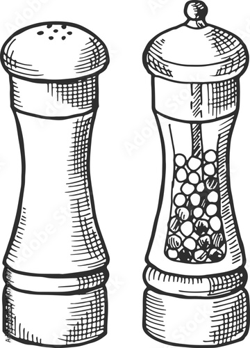 Pepper and salt shaker engraving. Food spice sketch