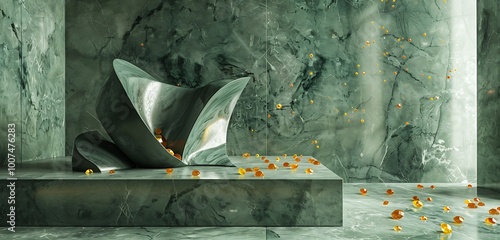 Abstract green marble texture adorned with scattered citrine gems, showcasing a futuristic sculpture on a polished stone plinth in an avant-garde gallery photo