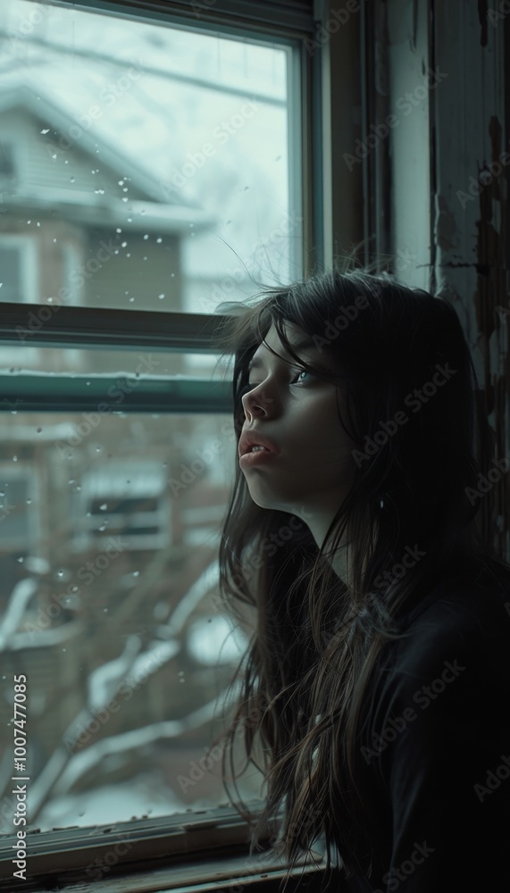 Melancholic woman gazes out window in neglected apartment, feeling hopeless and betrayed Melancholic woman gazes out window in neglected apartment, feeling hopeless and betrayed