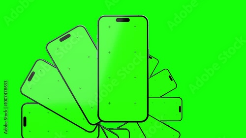 Smartphones with green screens ready for customization. Perfect for adding your own content, apps, or branding in video projects. Modern devices with blank displays for seamless integration.
