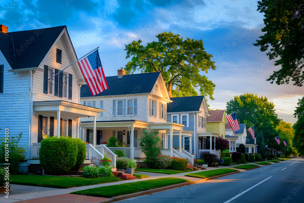 A street in a small American town lined with gorgeous, immaculate homes and lush vegetation on both sides. A street in a small American town lined with gorgeous, immaculate homes and lush vegetation on both sides.