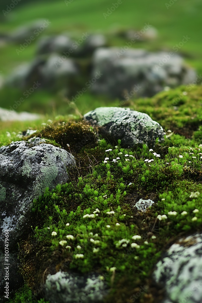 Closeup of moss and tiny white flowers growing around rocks in a green meadow