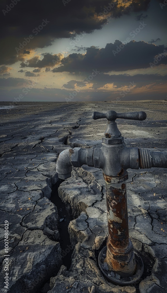 A stark representation of water scarcity a dry tap amidst a cracked, barren landscape A stark representation of water scarcity a dry tap amidst a cracked, barren landscape