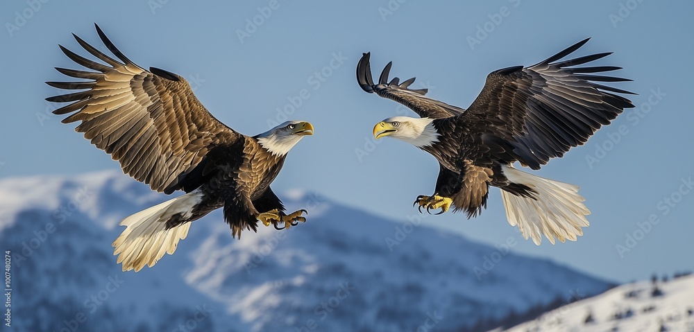 Obraz premium Minimalist image of two eagles clashing in mid-air against a clear blue sky