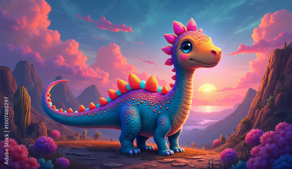 Obraz premium A colorful dinosaur with a pink tail and pink spikes on its back stands in front of a mountain range.