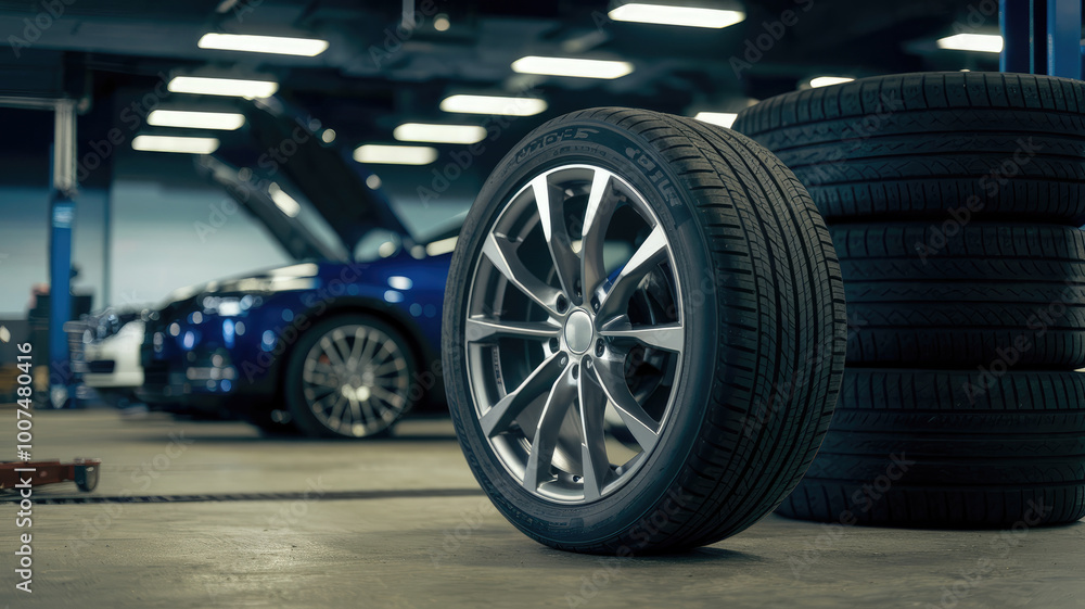 A car tire is on display in a garage. There are two other tires in the background. The tire is silver and has a black rim A car tire is on display in a garage. There are two other tires in the background. The tire is silver and has a black rim