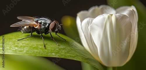 Simple yet striking image of a fly on a lush green leaf, contrasting against a white tulip photo