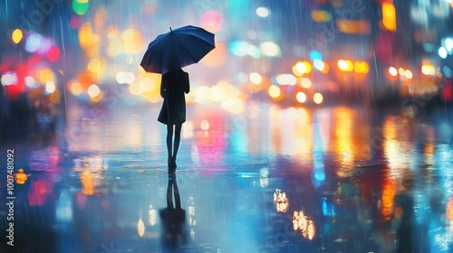 Person Walking Alone on Rainy Street with Umbrella