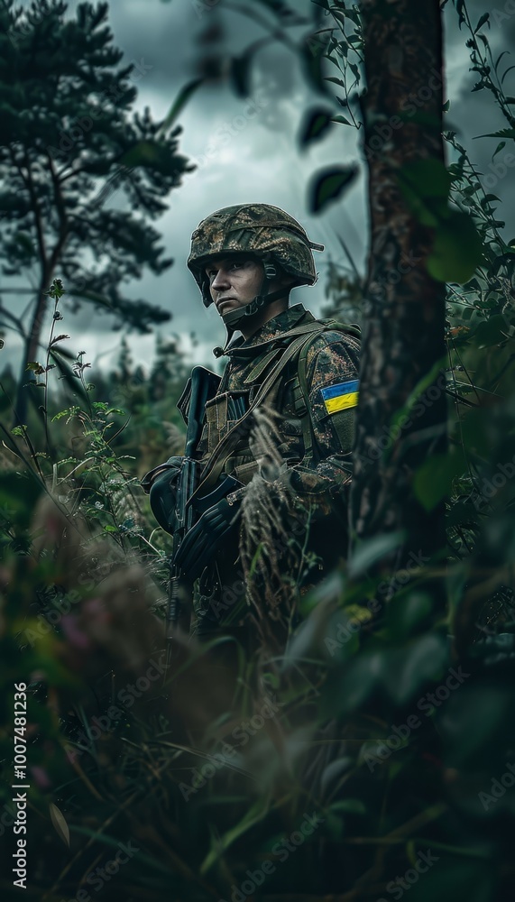 Ukrainian soldier on guard in nature symbol of determination, unity, and strength amidst serenity Ukrainian soldier on guard in nature symbol of determination, unity, and strength amidst serenity