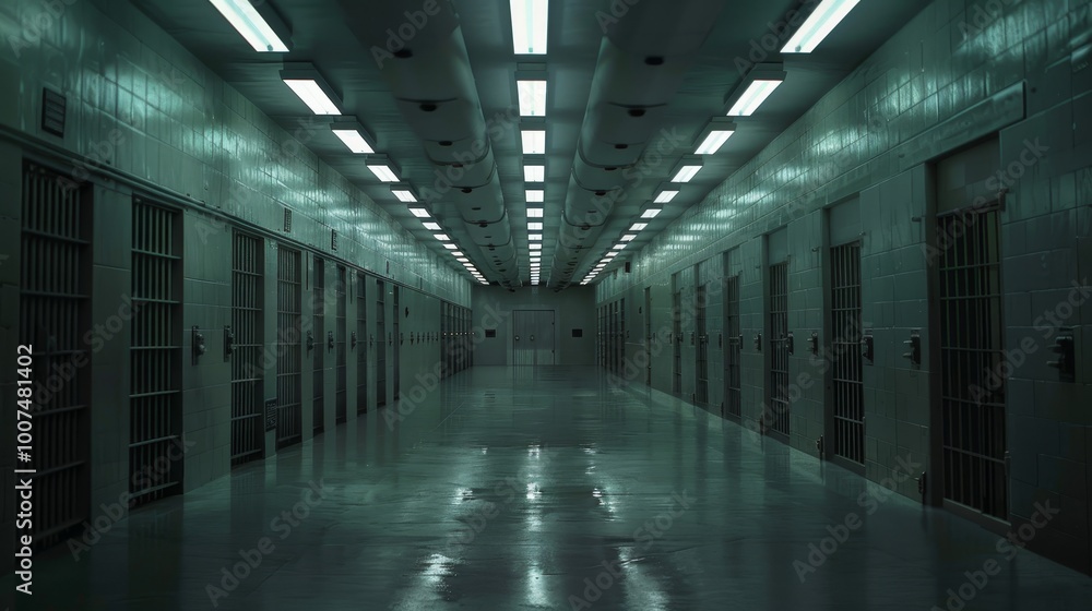Dramatic interior of a prison corridor rows of locked cells shrouded in stark light and confinement Dramatic interior of a prison corridor rows of locked cells shrouded in stark light and confinement