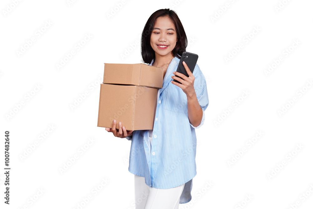 Asian woman holding boxed package while using phone isolated transparent Asian woman holding boxed package while using phone isolated transparent
