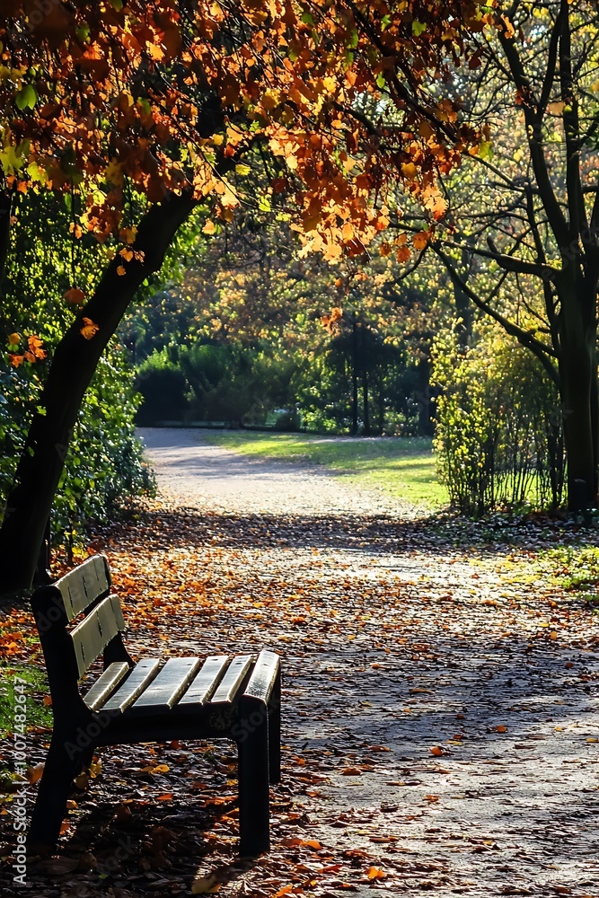 Empty wooden park bench on path with autumn leaves, scenic nature background Empty wooden park bench on path with autumn leaves, scenic nature background