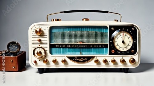 A vintage radio with a turquoise dial and brass knobs, designed for listening to broadcasts.