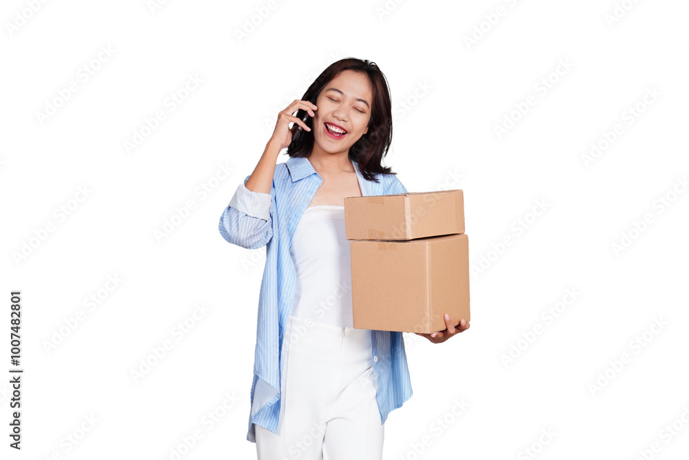 Asian woman holding boxed package while using phone isolated transparent Asian woman holding boxed package while using phone isolated transparent