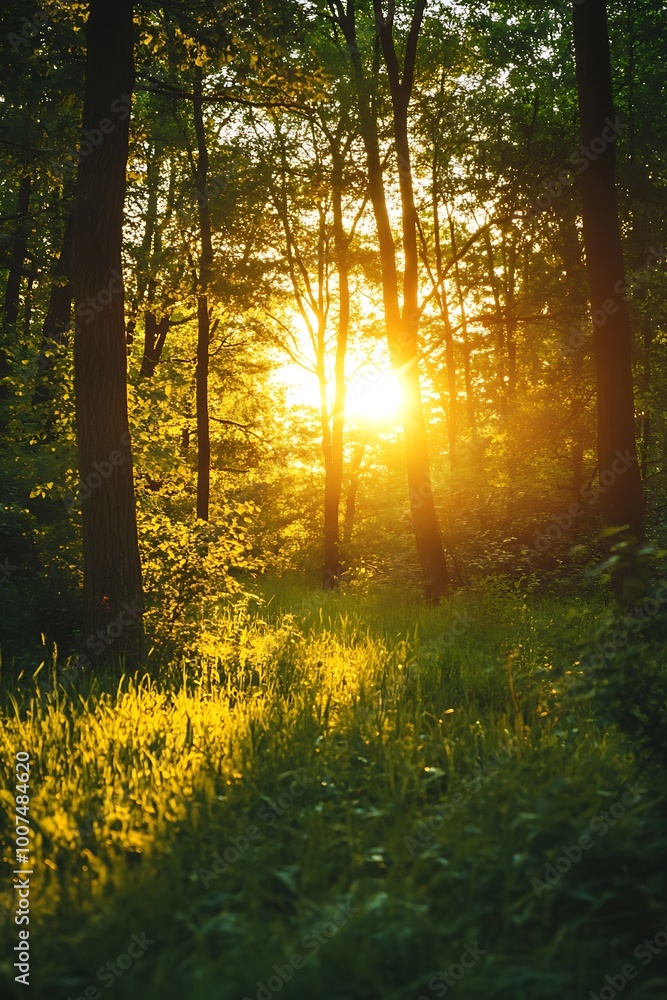 Obraz premium Golden Sunset Light Filtering Through Trees in Forest