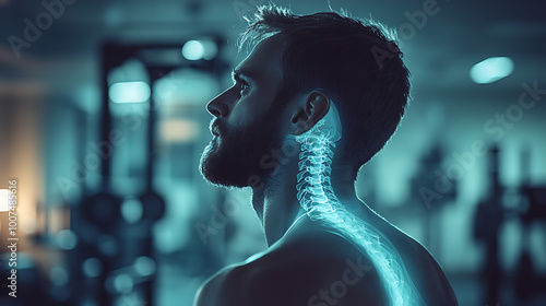 X-ray of an athlete's spine showing cartilage damage or disease exacerbation, taken in a modern gym. The athlete stands near defocused gym equipment, with bright medical lighting enhancing image  photo