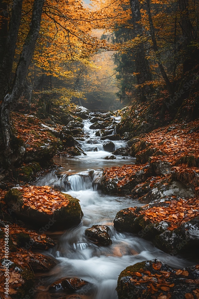 Autumn forest stream with fallen leaves and sunlight Autumn forest stream with fallen leaves and sunlight
