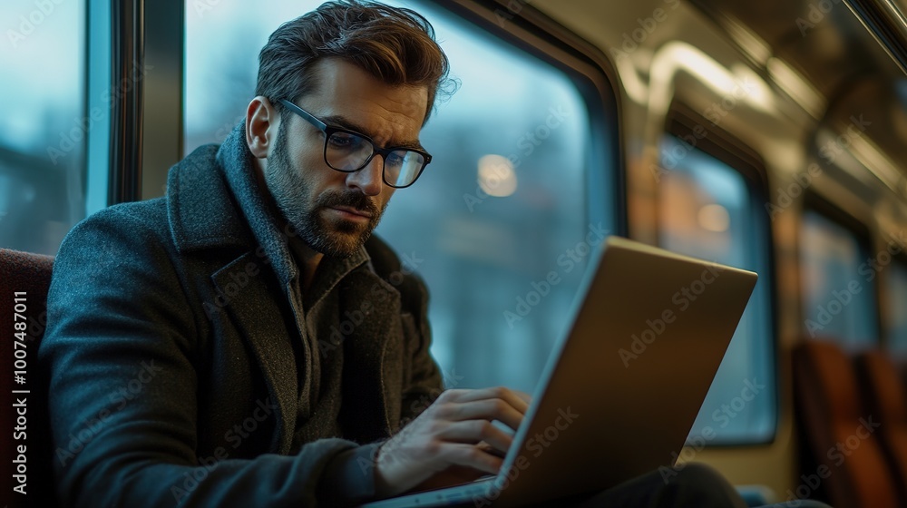 Focused businessman using a laptop, working on a project while traveling on a commuter train Focused businessman using a laptop, working on a project while traveling on a commuter train