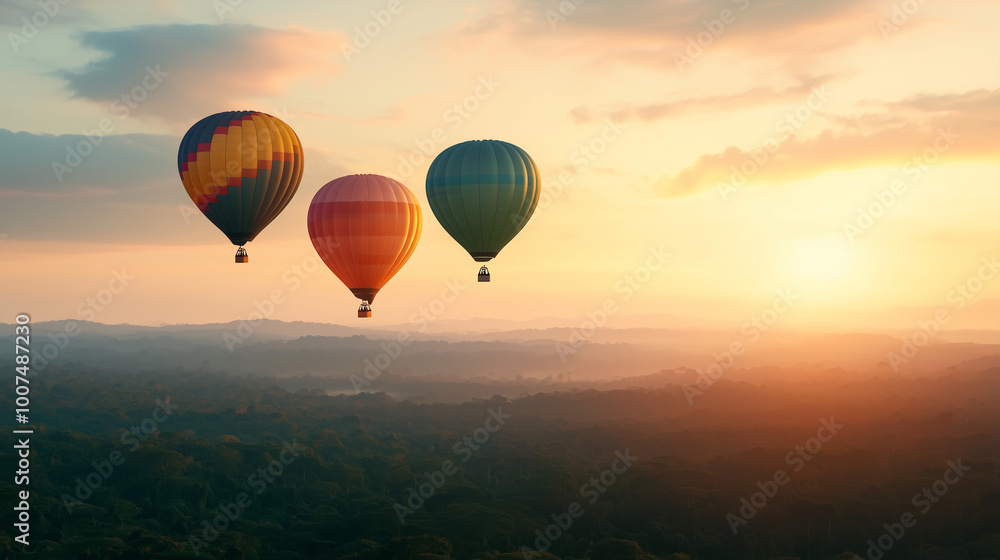 Fototapeta Hot air balloon at sunset over beautiful Amazon Rainforest, Brazil