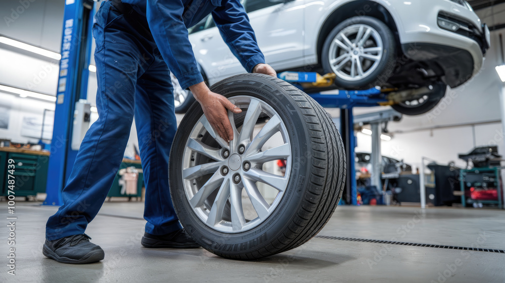 A man is changing a tire on a car. The car is on a lift. The tire is white A man is changing a tire on a car. The car is on a lift. The tire is white