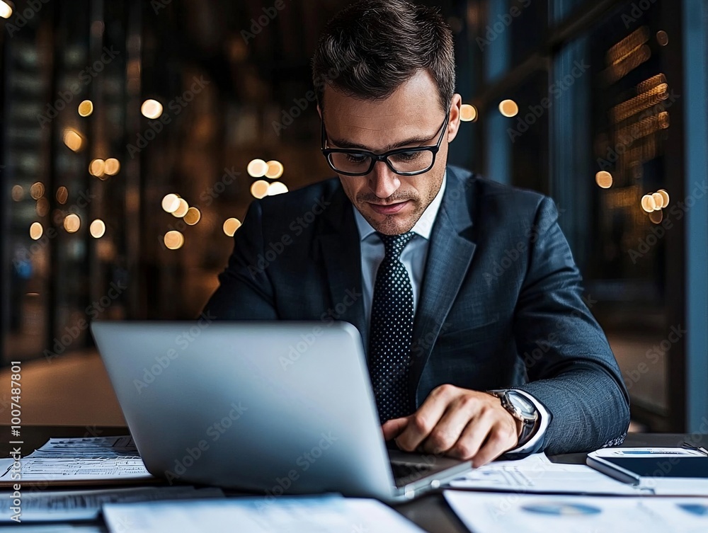 A business analyst reviewing financial reports on a laptop, surrounded by documents, modern office with charts and graphs in the background A business analyst reviewing financial reports on a laptop, surrounded by documents, modern office with charts and graphs in the background