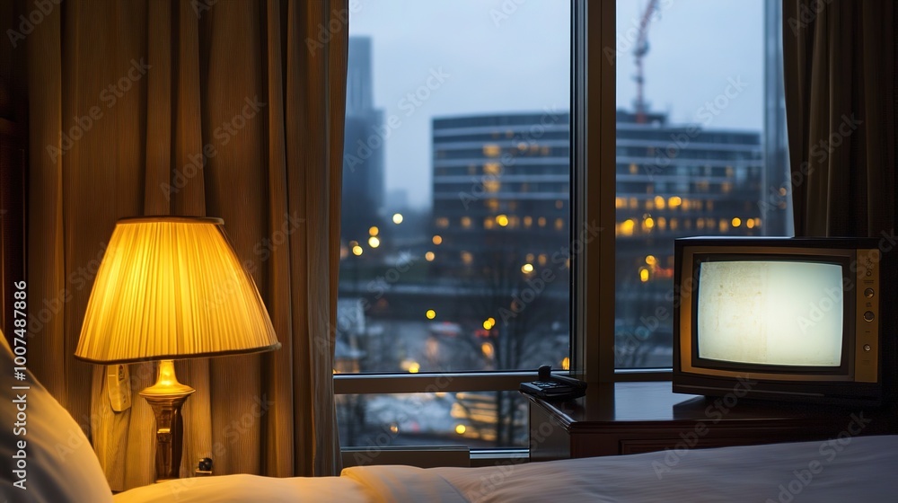 A stunning view through a big hotel window showcasing a vibrant city skyline bathed in the warm glow of sunset. The expansive glass reflects the colorful hues of the sky, A stunning view through a big hotel window showcasing a vibrant city skyline bathed in the warm glow of sunset. The expansive glass reflects the colorful hues of the sky,