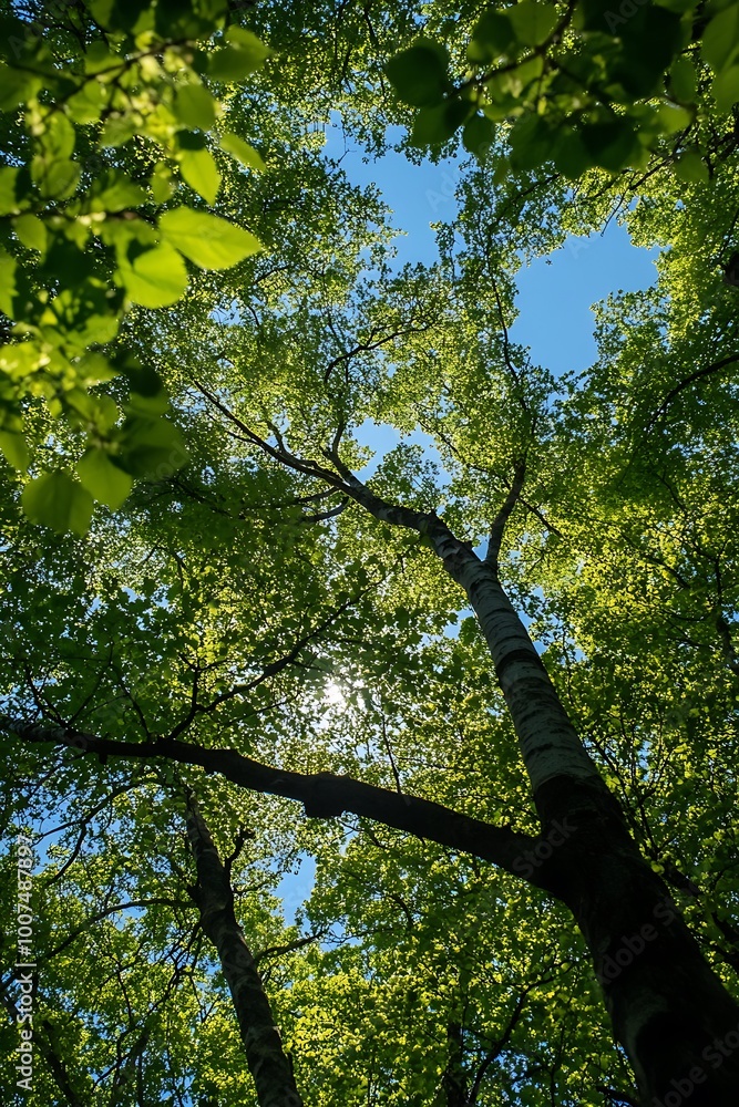 Fototapeta premium Sunlight peeking through the canopy of lush green trees in a summer forest