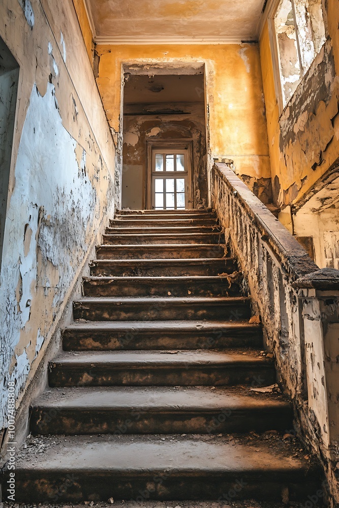 Old, abandoned wooden staircase leading to the upper floors of an abandoned building Old, abandoned wooden staircase leading to the upper floors of an abandoned building