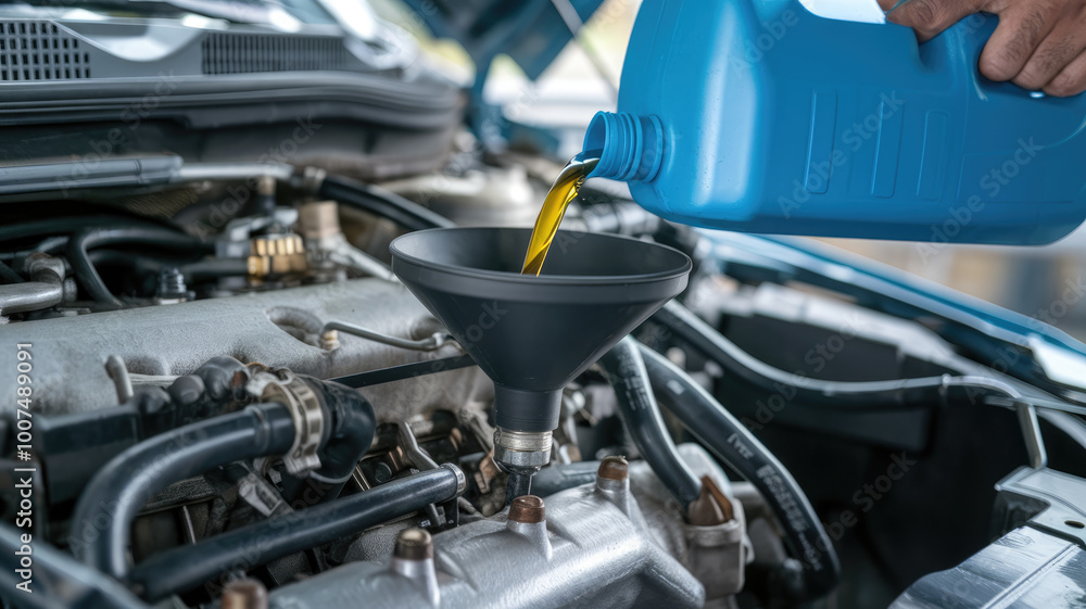 A person is pouring oil into a car engine. The oil is coming out of a black container A person is pouring oil into a car engine. The oil is coming out of a black container