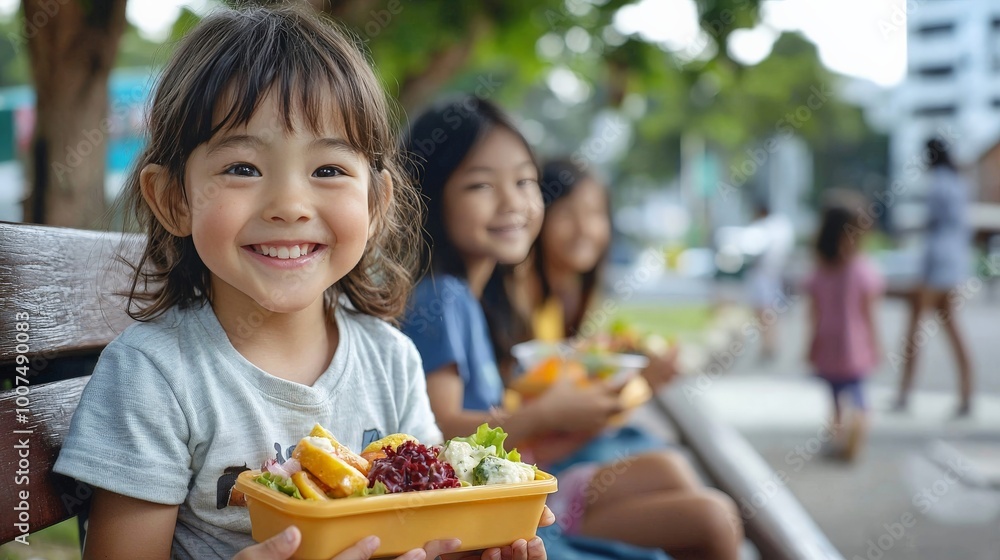 A child enjoying a healthy bento box lunch outdoors, sitting on a park bench with a small group of friends, the well-balanced meal reflecting the importance of nutrition A child enjoying a healthy bento box lunch outdoors, sitting on a park bench with a small group of friends, the well-balanced meal reflecting the importance of nutrition